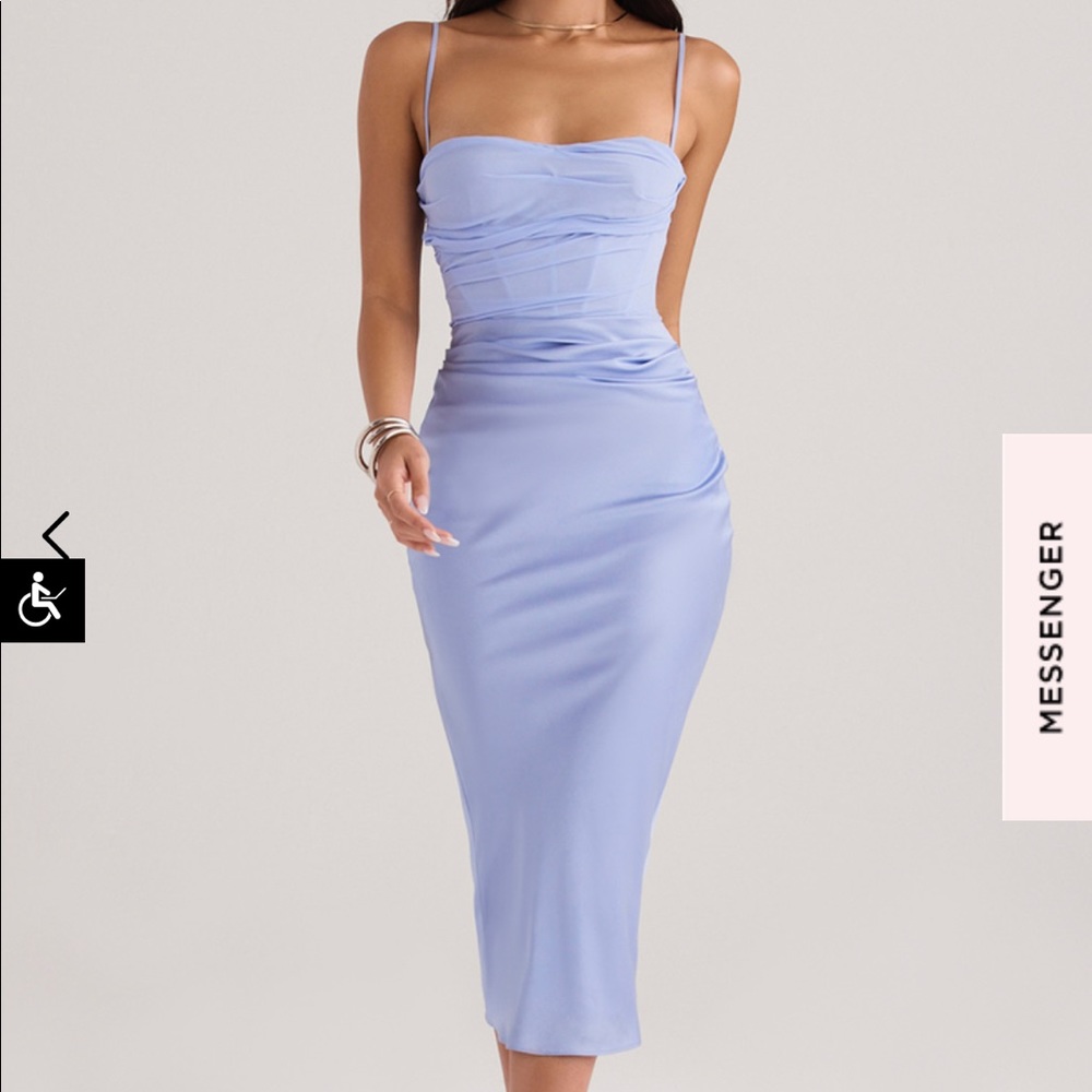 House Of CB “TEIA” Sky Draped Corset Midi Dress in Sky Blue Hue. Size small